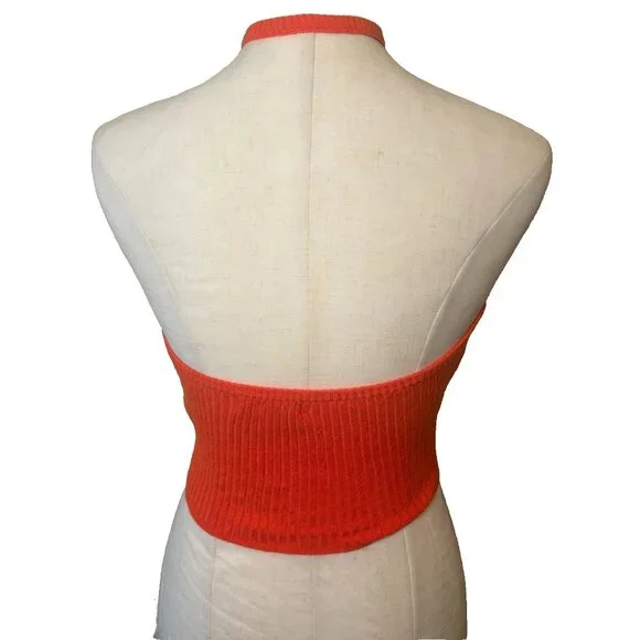 Urban Outfitters Orange Ribbed Sweater Keyhole Halter Crop Top Size Med #130 - Picture 2 of 5